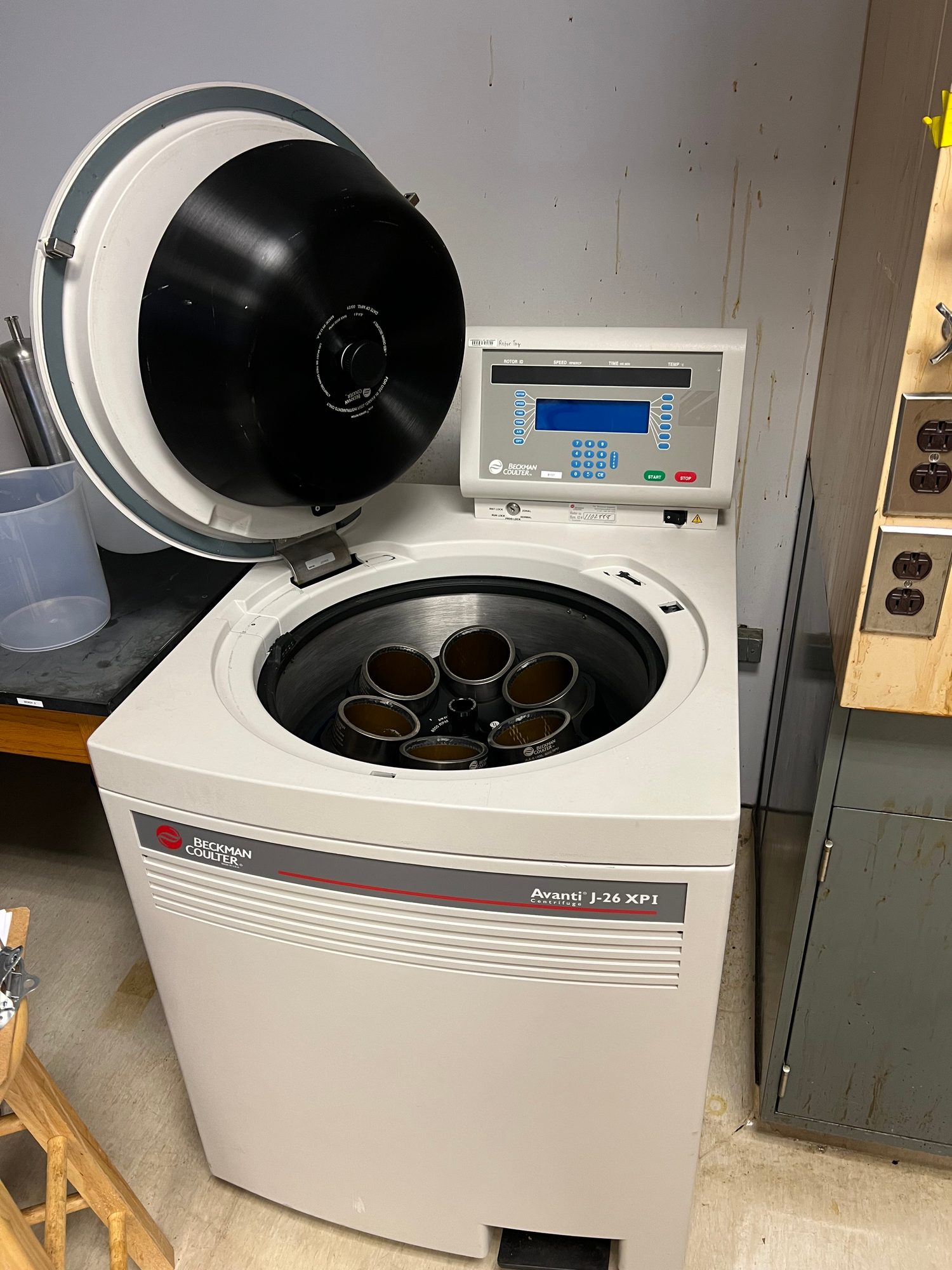 A Beckman Coulter floor-standing laboratory centrifuge with its lid open, showing the rotor and sample buckets.
